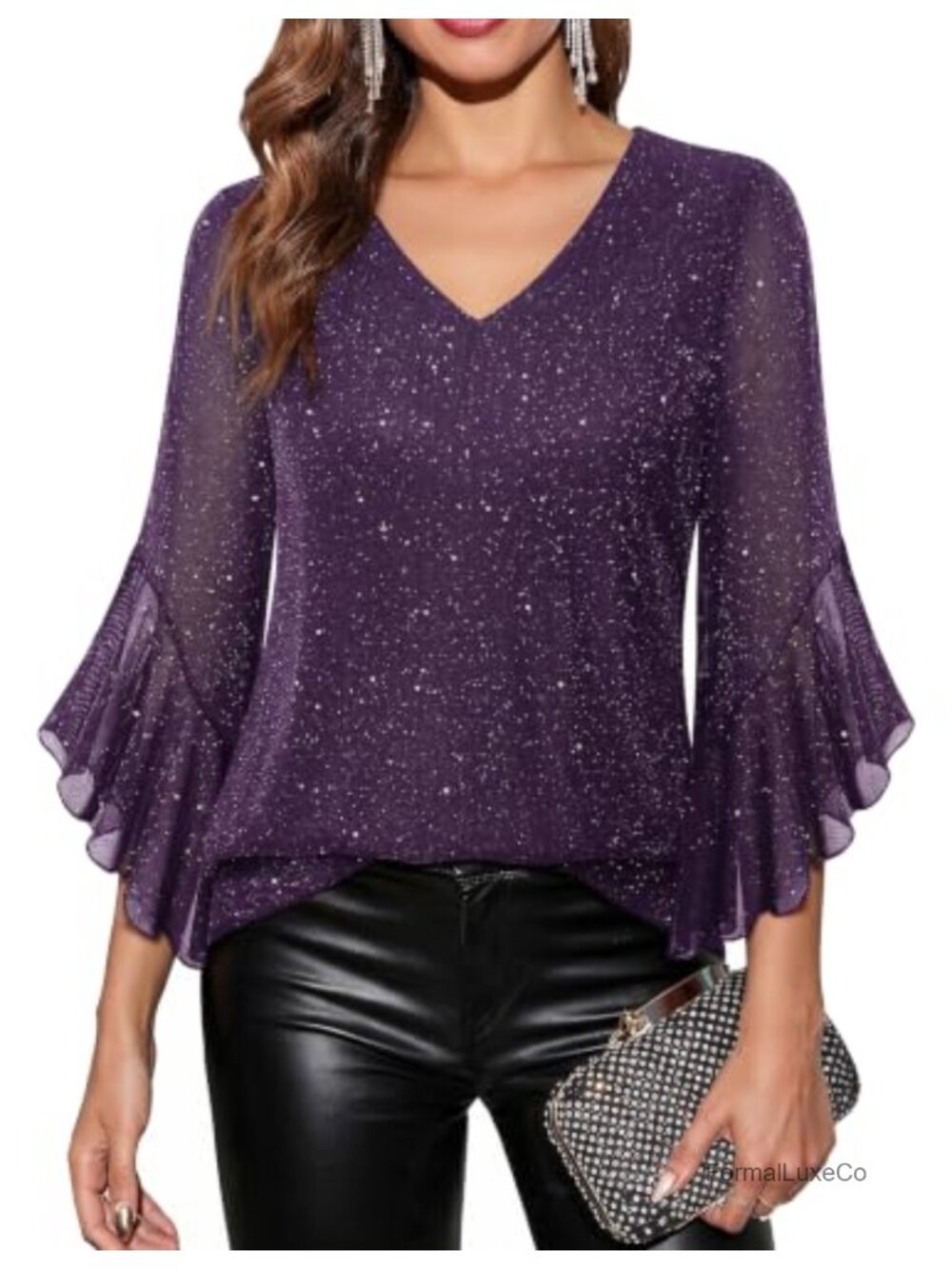 Women's 3/4 Sleeve V-Neck Sequin Tunic Top Dressy Blouse